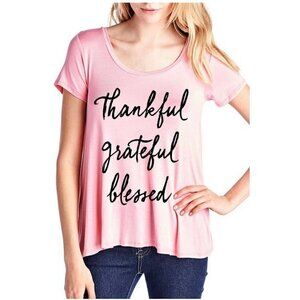 Womens Pink Thankful Grateful Blessed Flowy Rayon Stretch A Line Loose T-Shirt